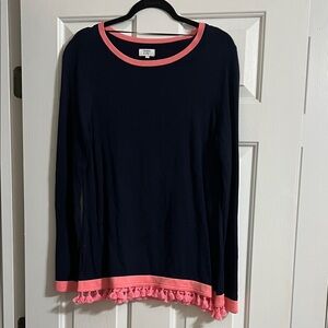 Crown & Ivy Navy Blue and Peach Colored Long Sleeve Tassel Sweater Size Large